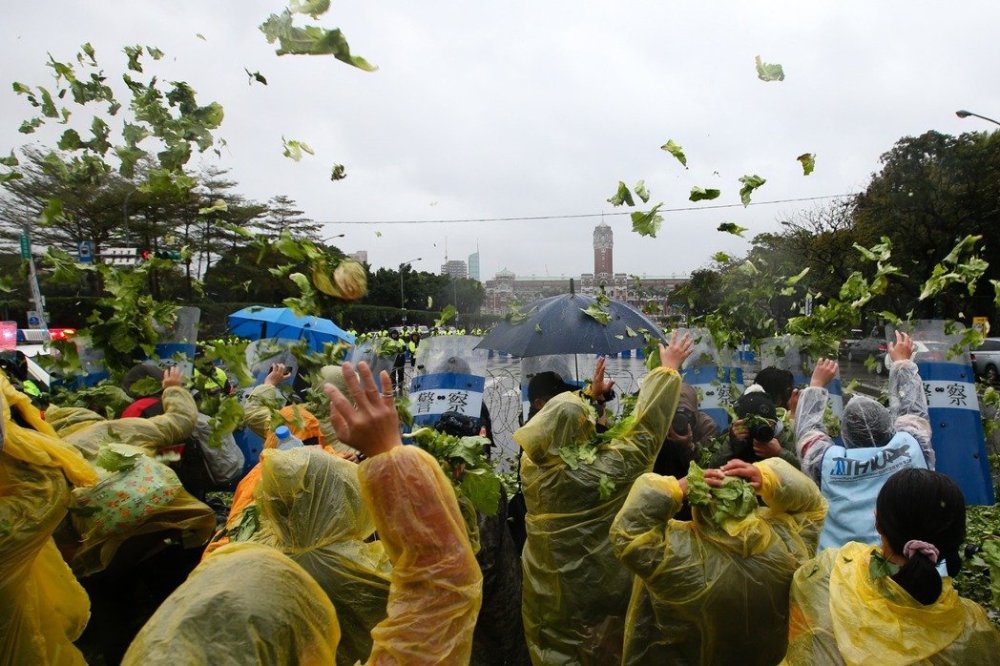 台湾抗议群众朝蔡英文办公室扔“烂菜”