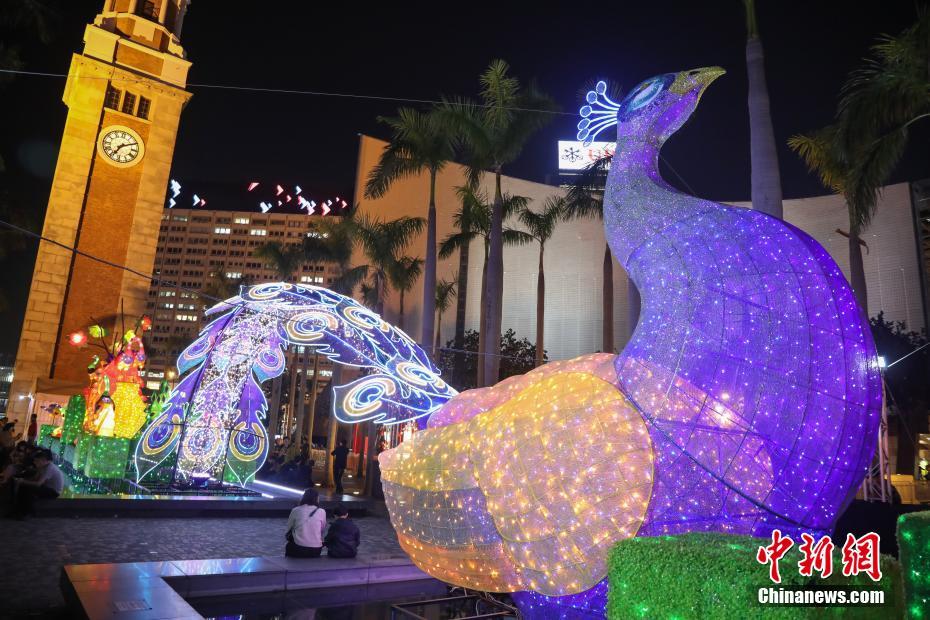 缤纷孔雀彩灯展亮相香港维港贺元宵
